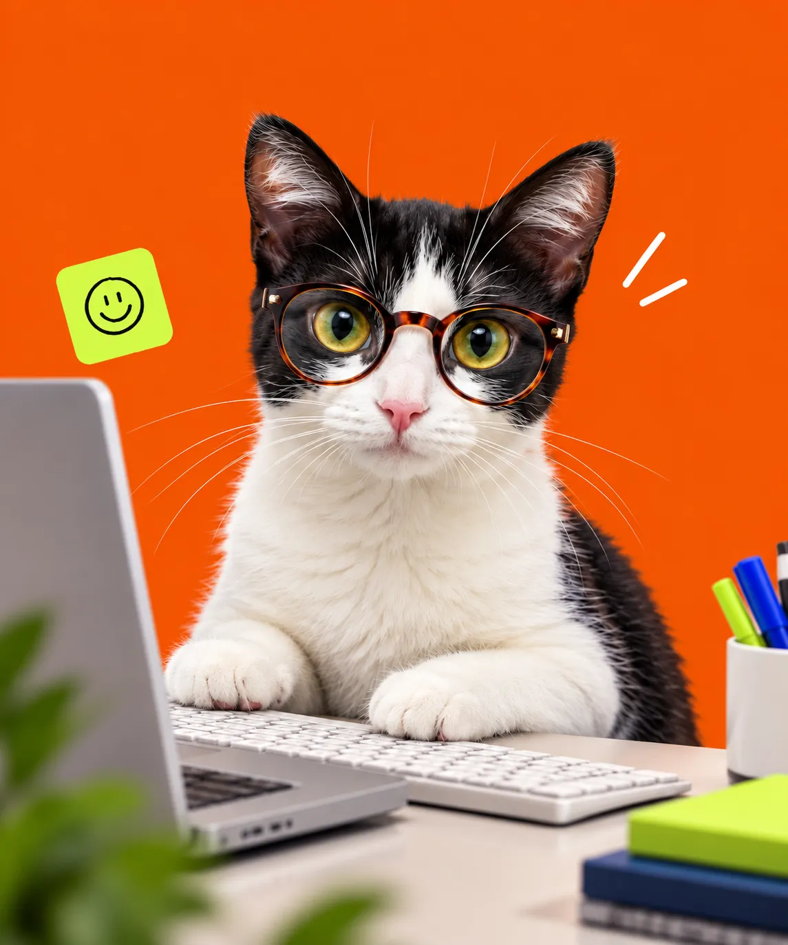 Gata con lentes trabajando en el teclado