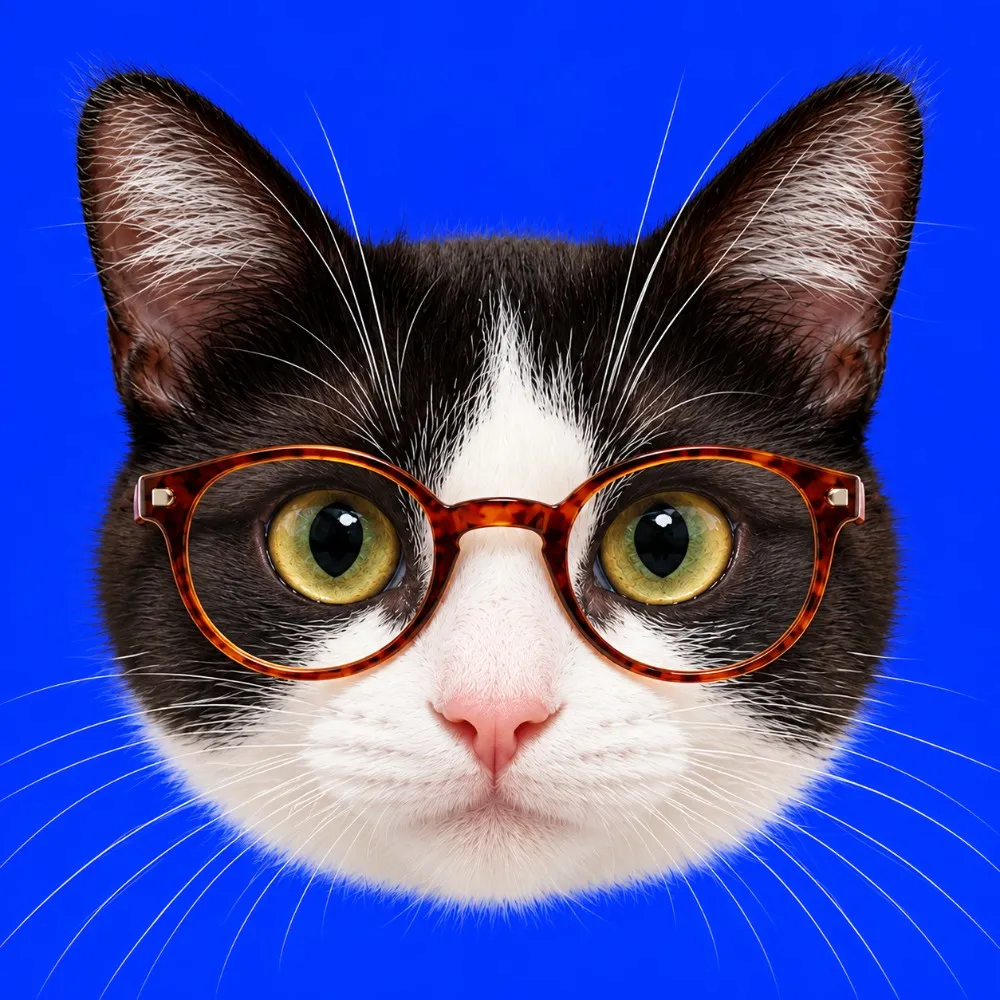 Supervisor 02: gato blanco y negro con lentes de carey, sus ojos siguen tu cursor
